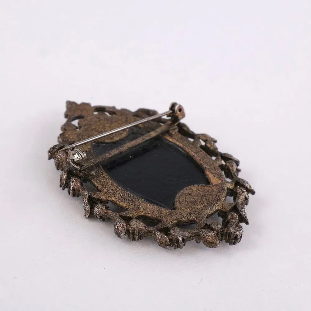 Vintage Gemini Zodiac Brooch Black Gold Glass Two Boys Garden Silver Filigree 2